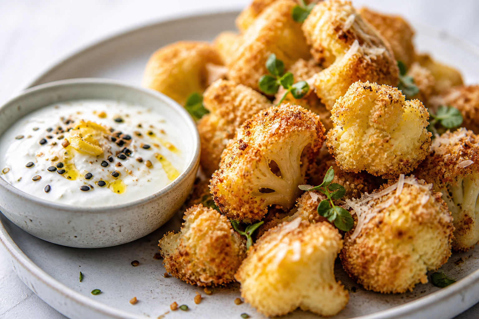 Crispy Cauliflower Bites with Smoked Sesame and Lemon Yogurt Dip