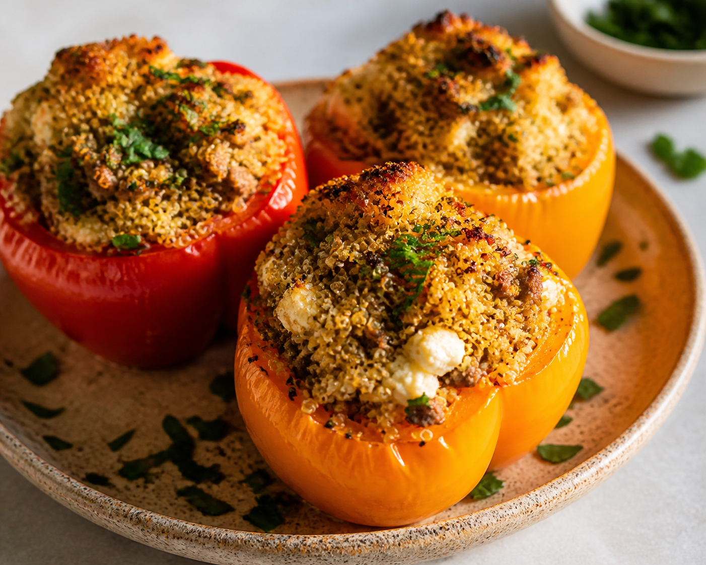 Turkey, Cottage Cheese and Crispy Quinoa Stuffed Peppers