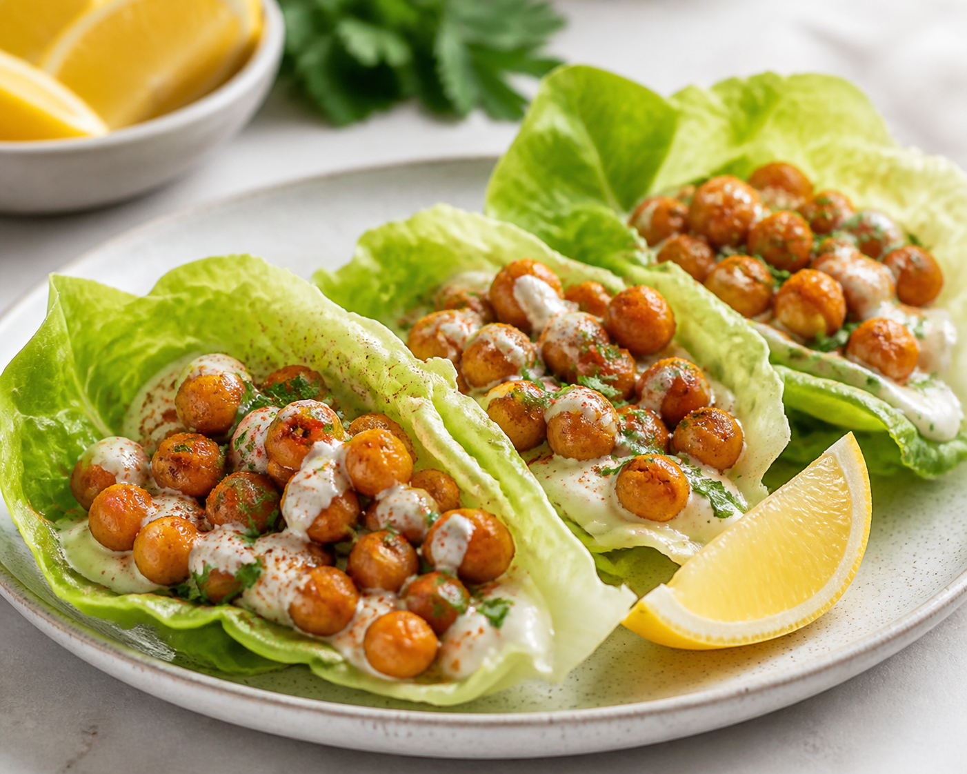 Crisp Lettuce Tacos with Lemon Chickpeas and Tahini Yogurt