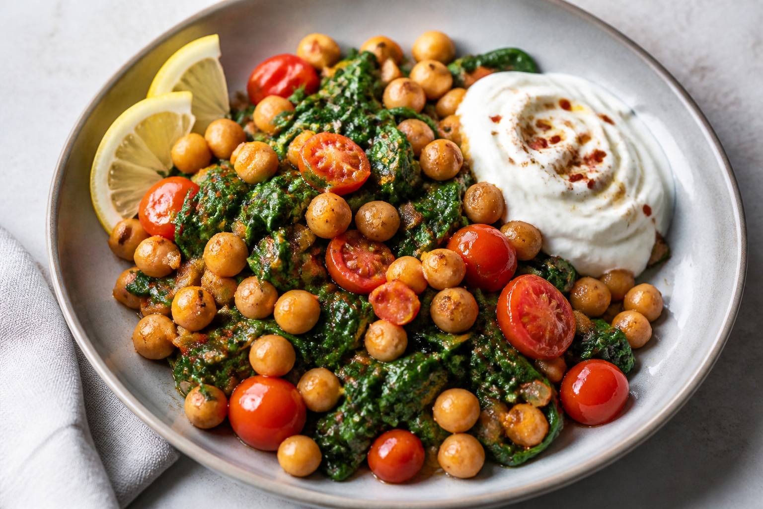 Quick Lemon Chickpea Skillet with Spinach and Spiced Yogurt