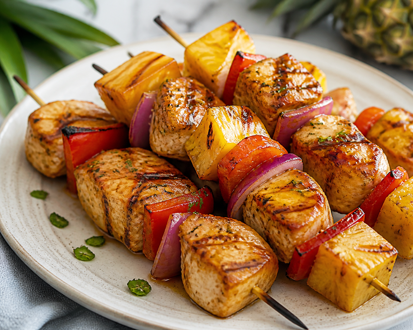 Grilled Chicken Skewers with Smoked Pineapple and Mustard-Lime Glaze