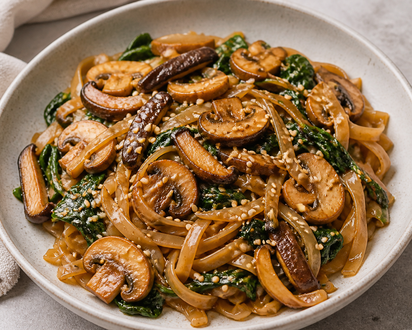 Golden Miso Rice Noodles with Mushrooms and Crispy Sesame