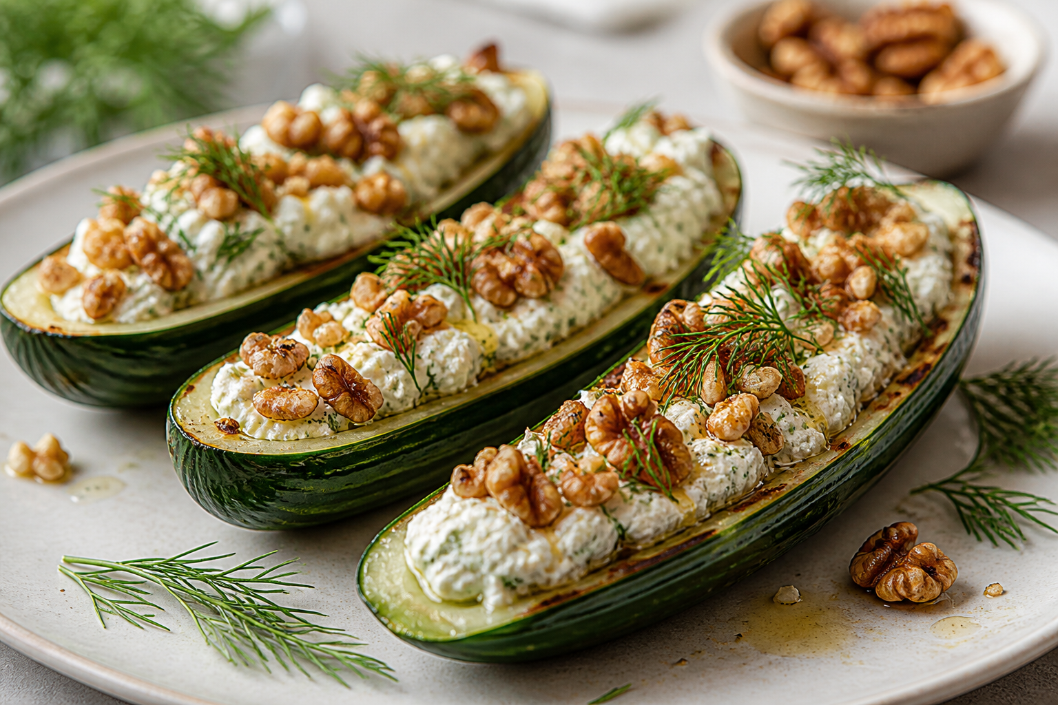 Warm Cucumber Boats with Dill Ricotta and Walnut Crunch