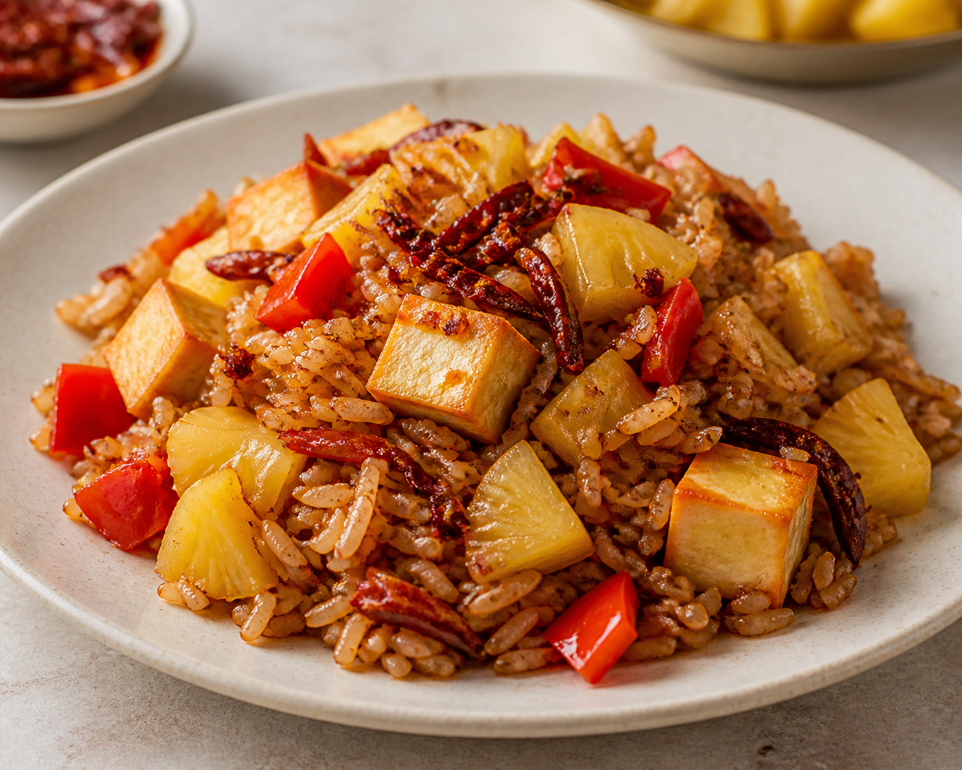 Caramelized Jasmine Rice with Tofu, Pineapple and Crispy Chili