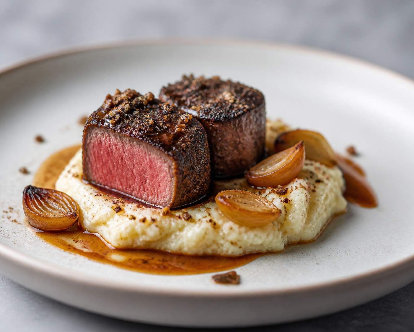 Cocoa-Pepper Crusted Beef Medallions with Roasted Cauliflower Mash