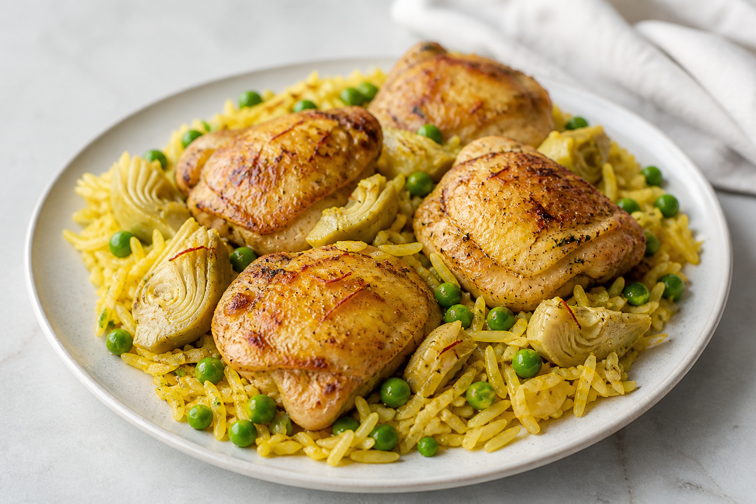 Instant Pot Saffron Chicken with Artichokes, Peas, and Basmati Rice