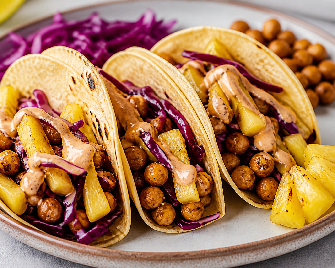 Quick Crispy Chickpea Tacos with Seared Pineapple and Chipotle Cream