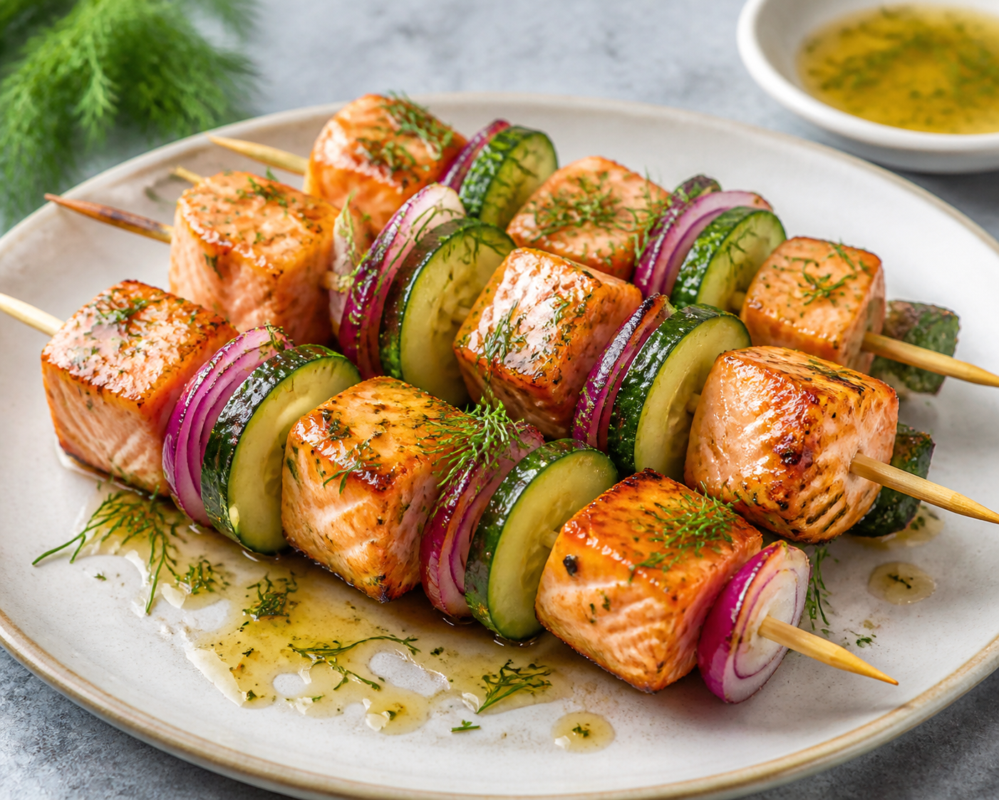 Grilled Salmon Skewers with Cucumber, Red Onion, and Honey-Dill Lemon Glaze