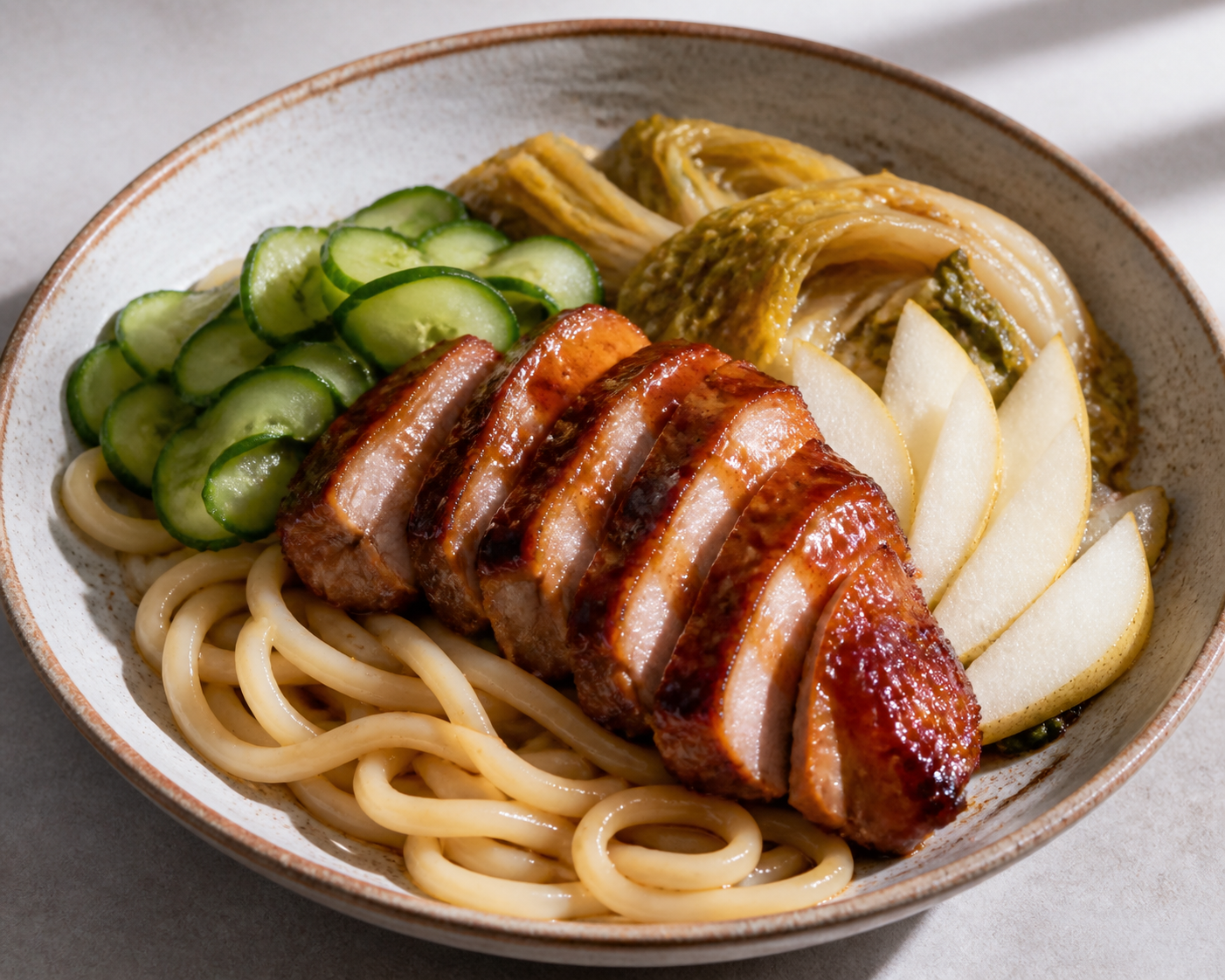 Udon Noodles with Red Miso-Pear Glazed Pork, Braised Napa Cabbage and Rice Vinegar Cucumber