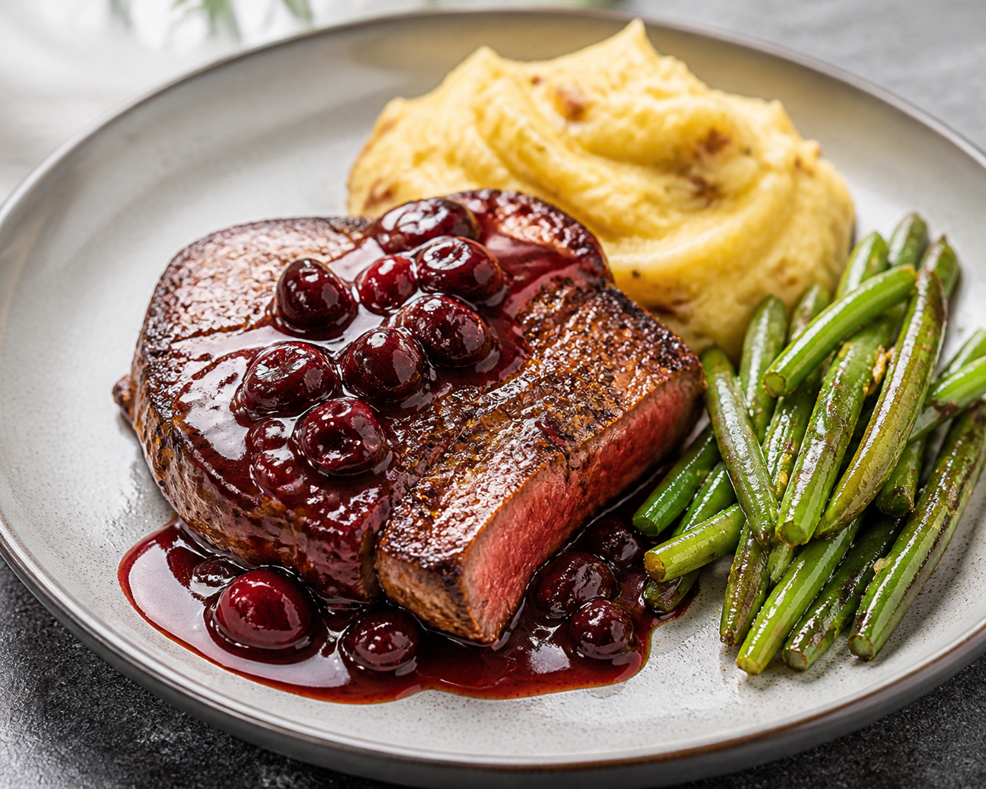 Beef Steak with Black Cherry Pepper Sauce, Rustic Rutabaga Mash and Sautéed Green Beans