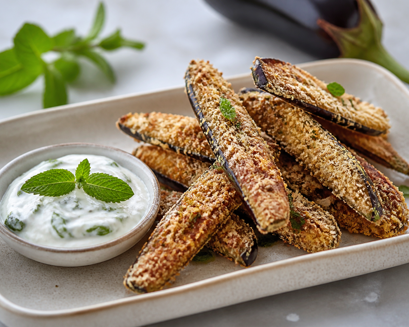 Air Fryer Eggplant Fries with Almond-Pecorino Crust and Lemon Mint Yogurt