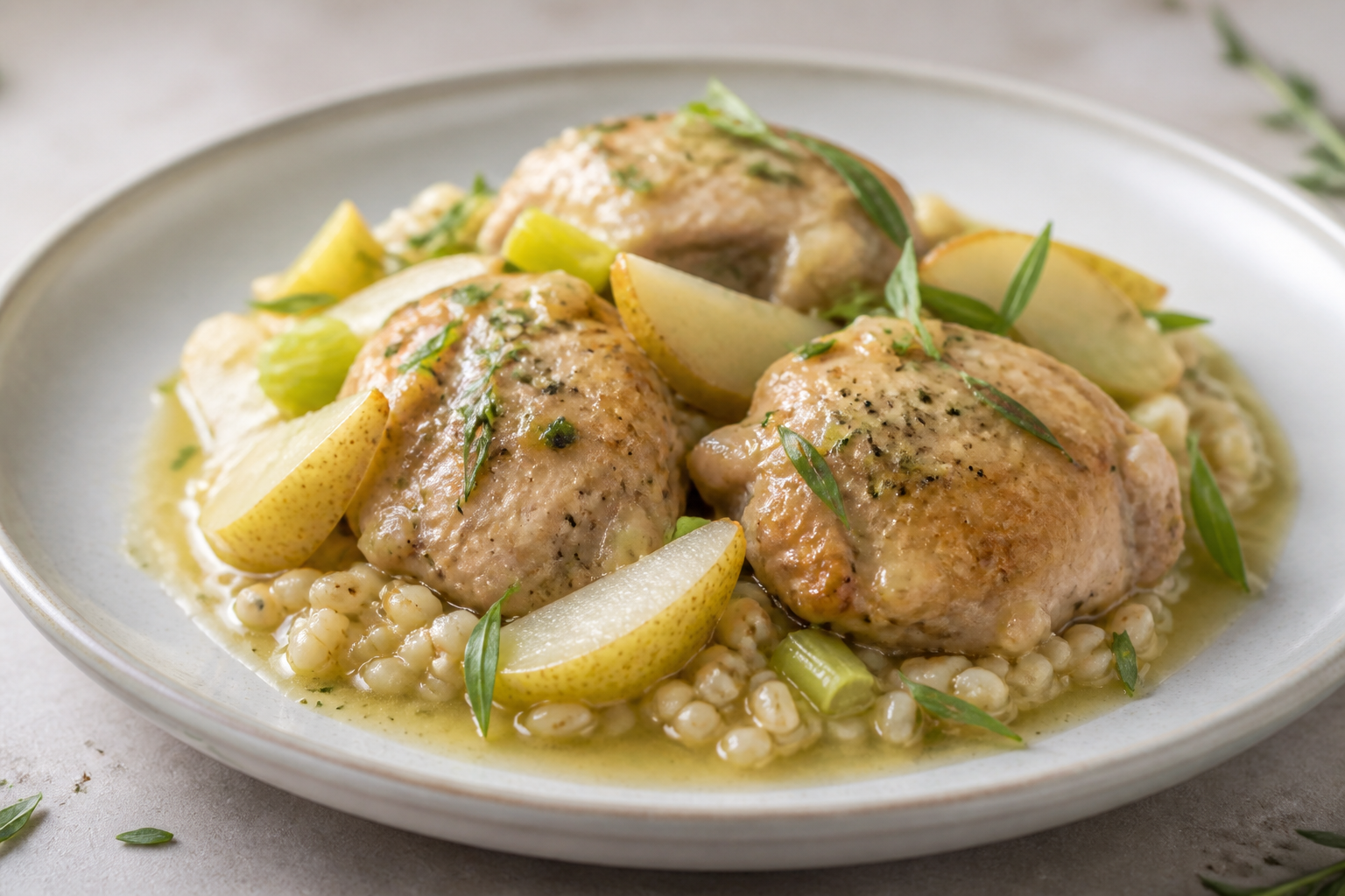 Instant Pot Chicken with Pear, Leeks, Barley and Light Tarragon Sauce