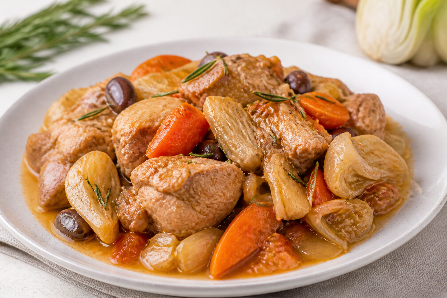 Slow Cooker Turkey with Fennel, Carrots, and Light Tomato Olive Rosemary Sauce
