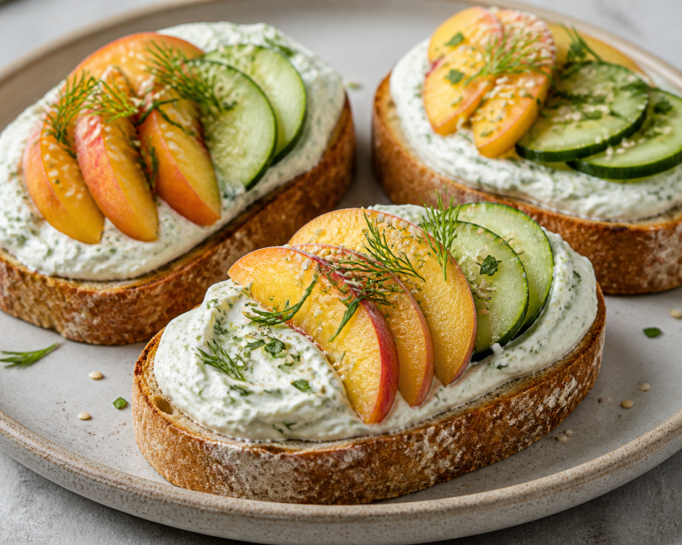 Quick herbed feta cream toasts with peach, cucumber, and sesame seeds