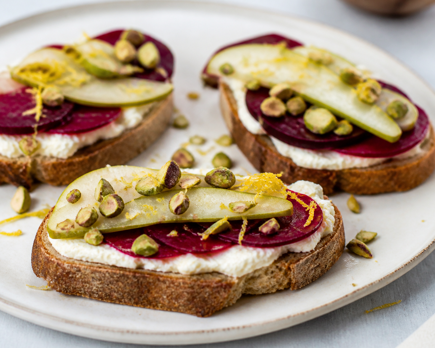Quick lemon ricotta toasts with raw beet, pear, and pistachio