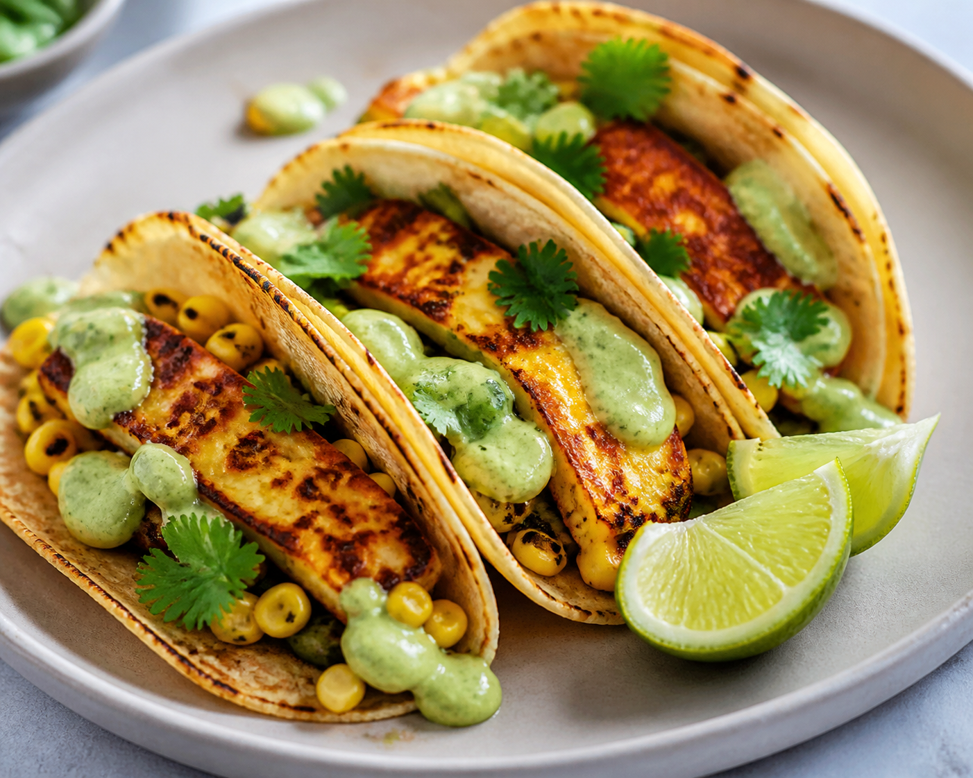 Quick crispy halloumi tacos with avocado crema, charred corn and lime