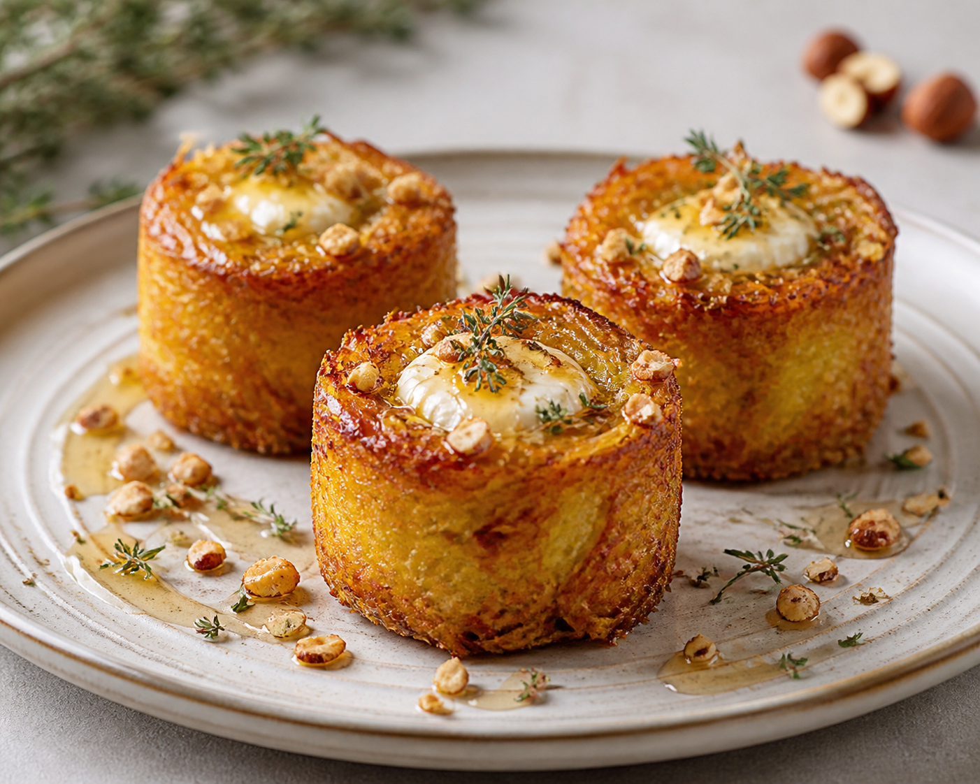Crispy Potato and Leek Timbales in the Air Fryer with Goat Cheese Center, Thyme Honey and Hazelnut