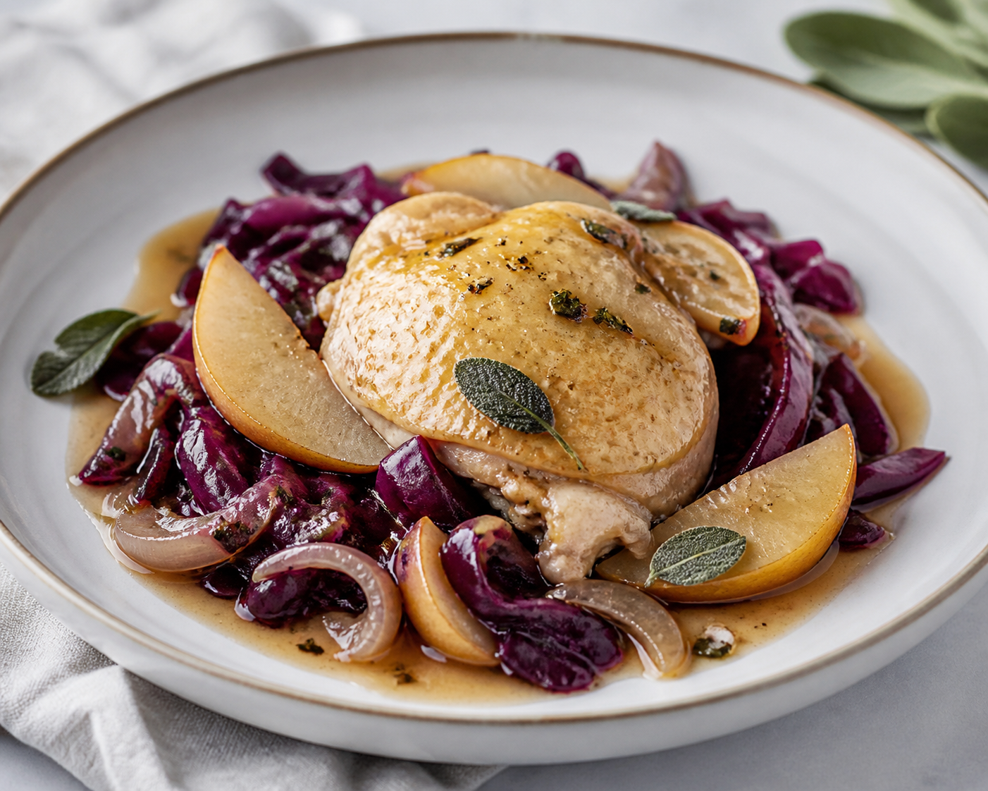 Slow Cooker Chicken with Red Cabbage, Pear, and Gentle Cider-Onion-Sage Sauce