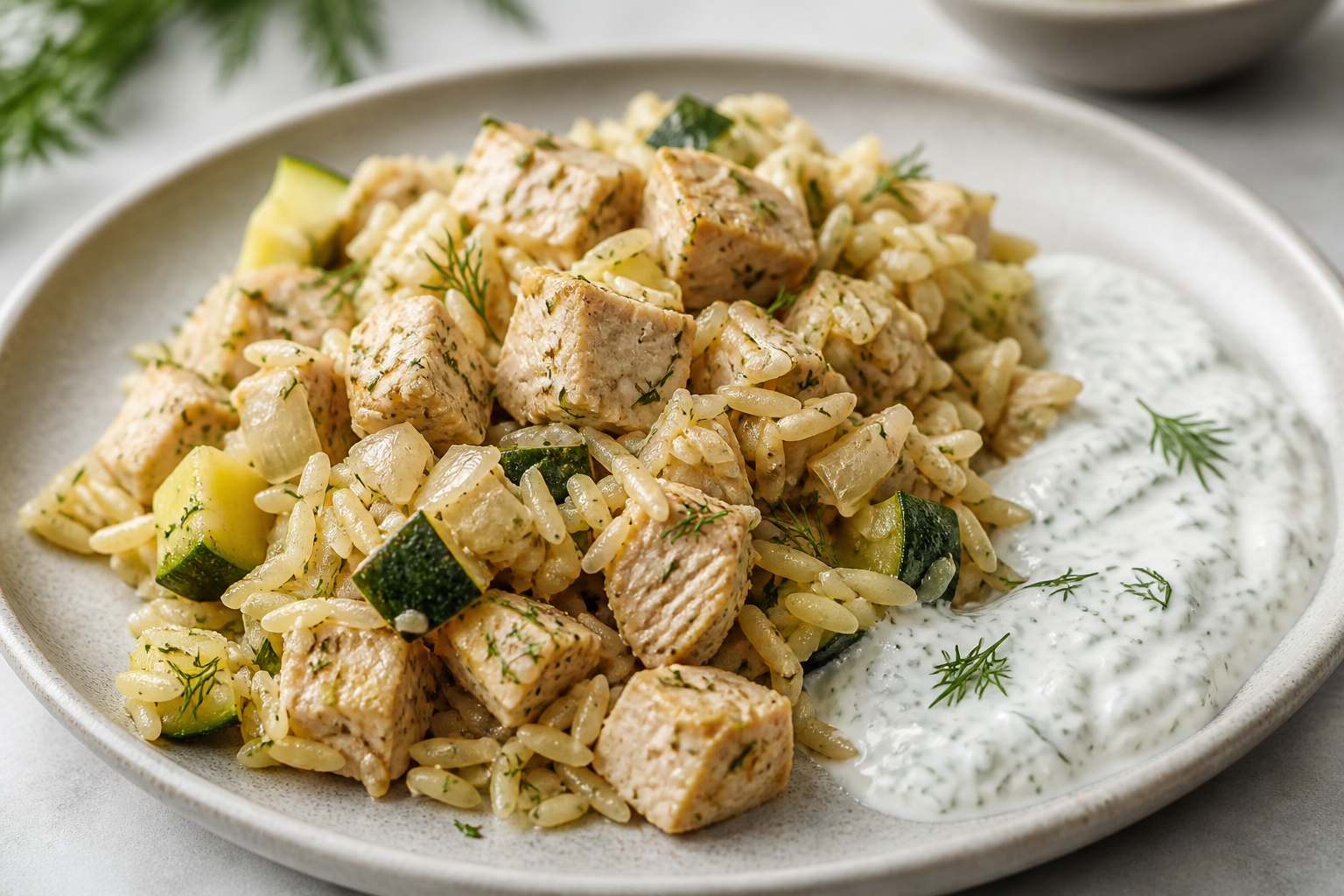 Instant Pot Turkey with Zucchini, Herbed Rice and Mild Dill Yogurt Sauce