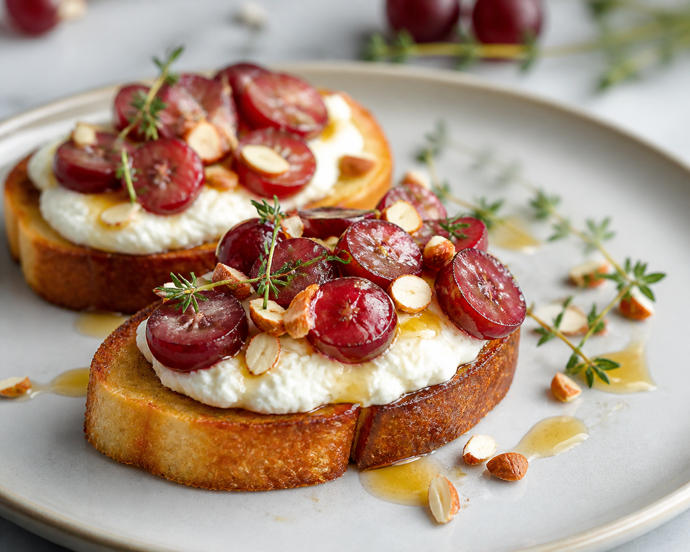 Tostadas de Brioche con Ricotta de Miel, Uvas Asadas al Tomillo y Almendra Crujiente