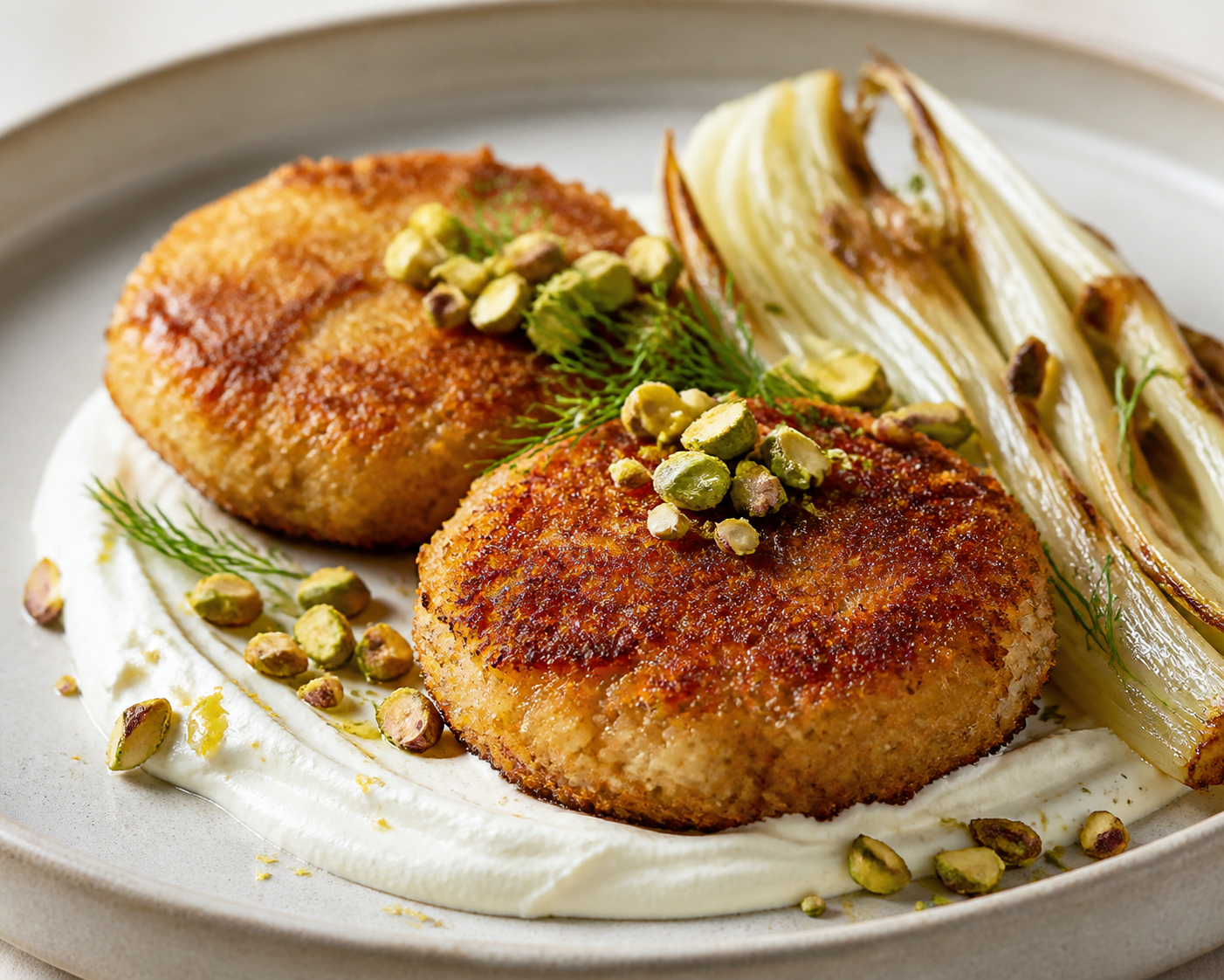 Medallones crujientes de arroz integral con crema de ricotta al limón, hinojo asado y pistacho con miel