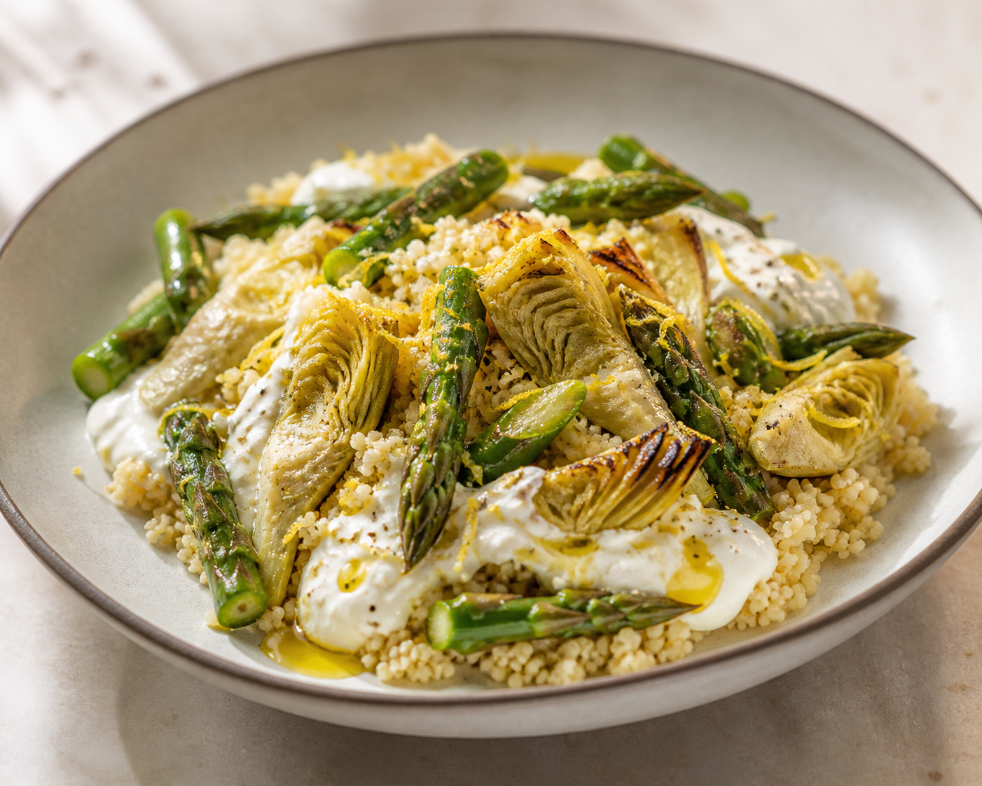 Warm Lemon Millet Salad with Golden Artichokes, Sautéed Asparagus and Silky Tahini Feta Cream