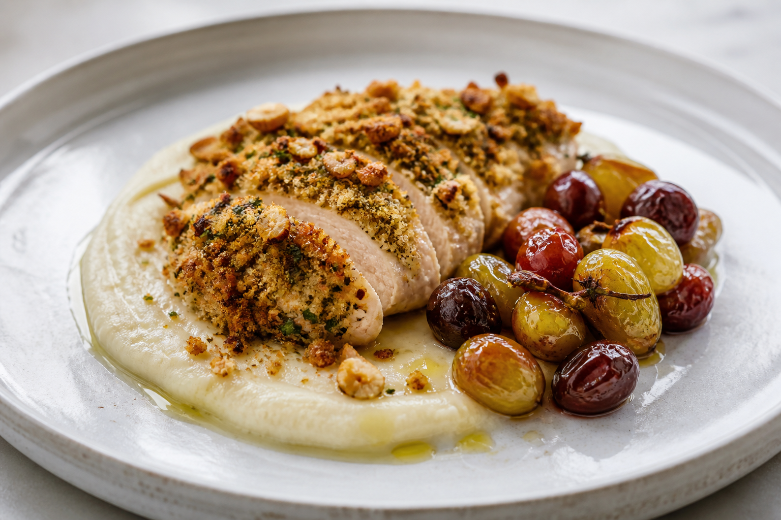 Pollo al horno con costra de avellana y hierbas, crema ligera de apio nabo y ensalada tibia de uvas asadas