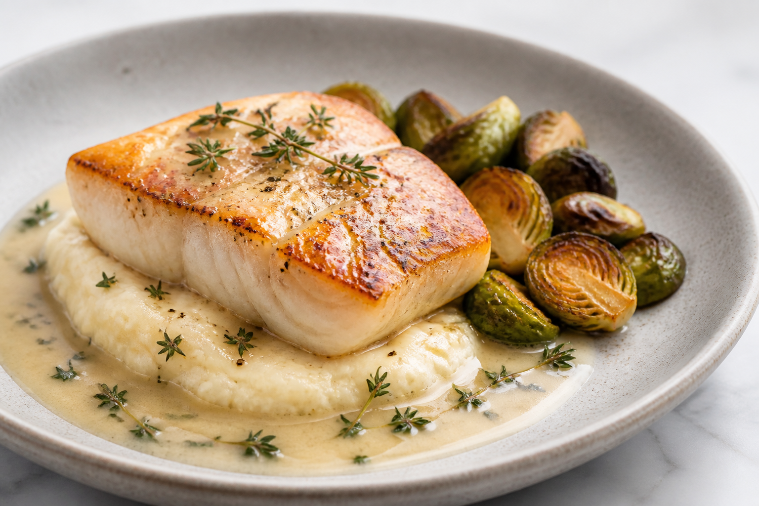 Pan-Seared Fish with Cider-Thyme Beurre Blanc, Rustic Parsnip-Potato Mash, and Caramelized Brussels Sprouts