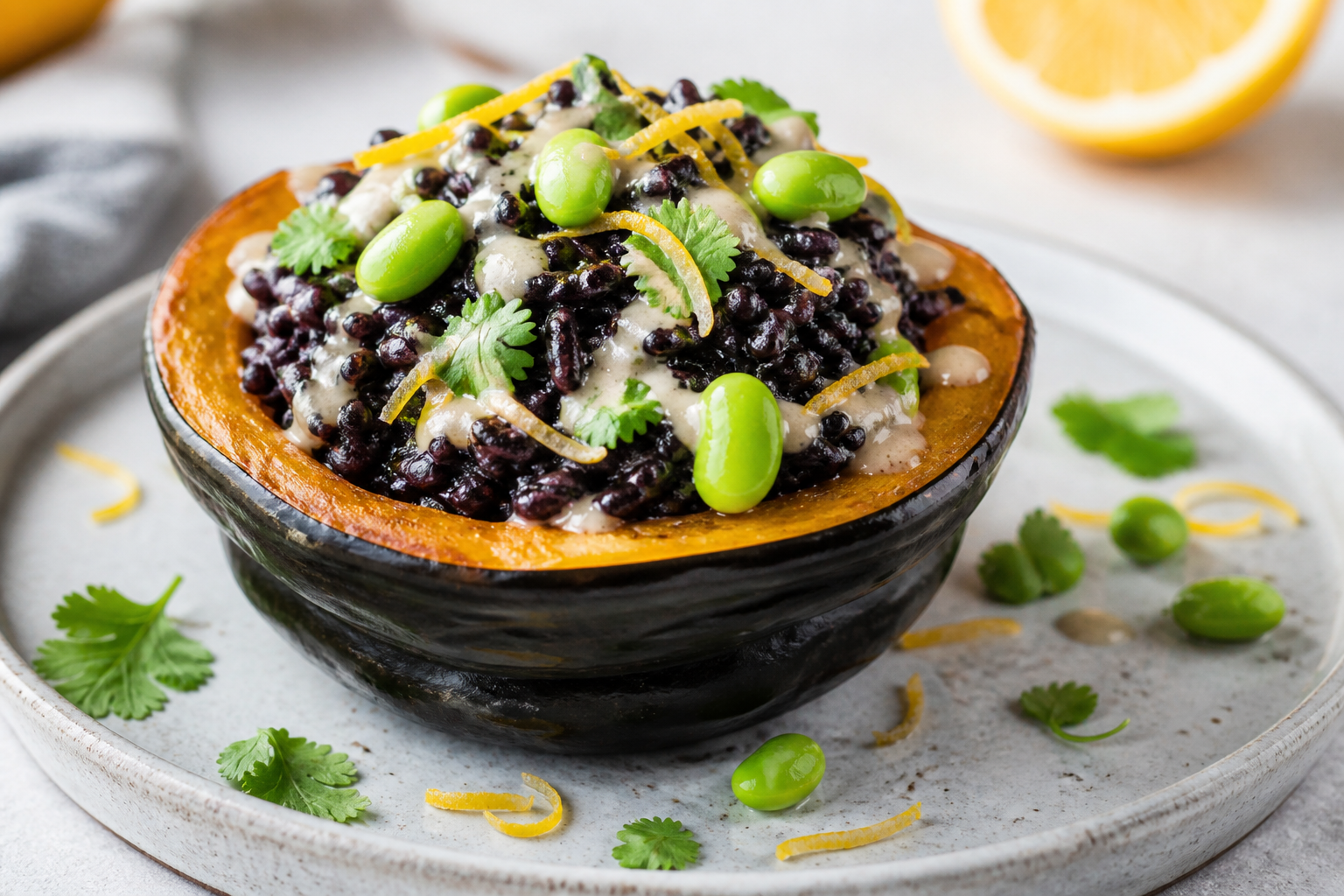 Calabaza asada rellena de arroz negro cremoso, edamame al jengibre y salsa de tahini-cítricos