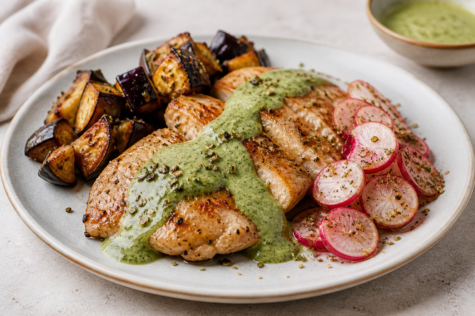 Keto Turkey in Green Tahini Sauce with Roasted Eggplant and Za’atar Radishes