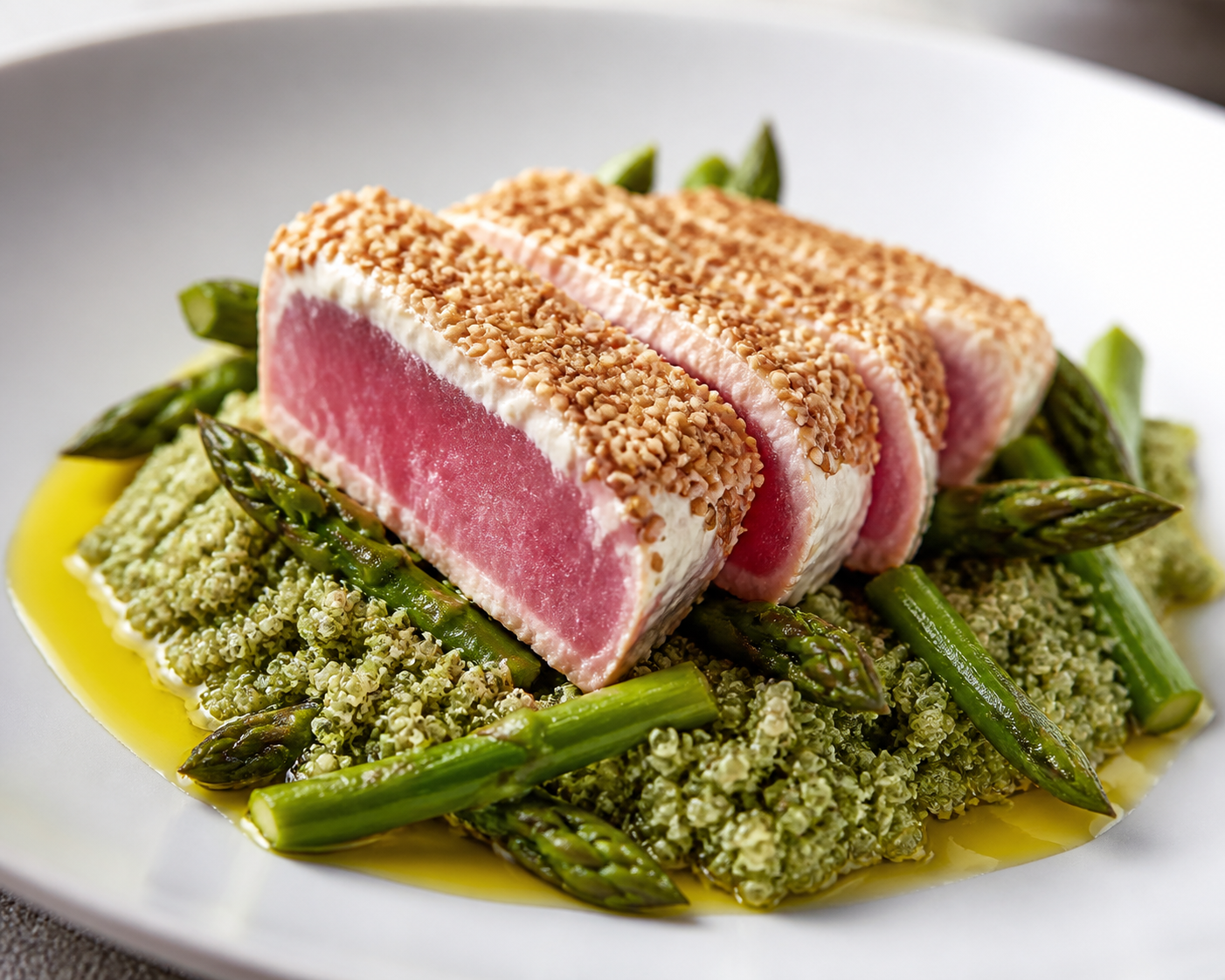 Seared tuna steak with sesame and whipped fresh cheese crust, over green quinoa with asparagus and warm lemon vinaigrette