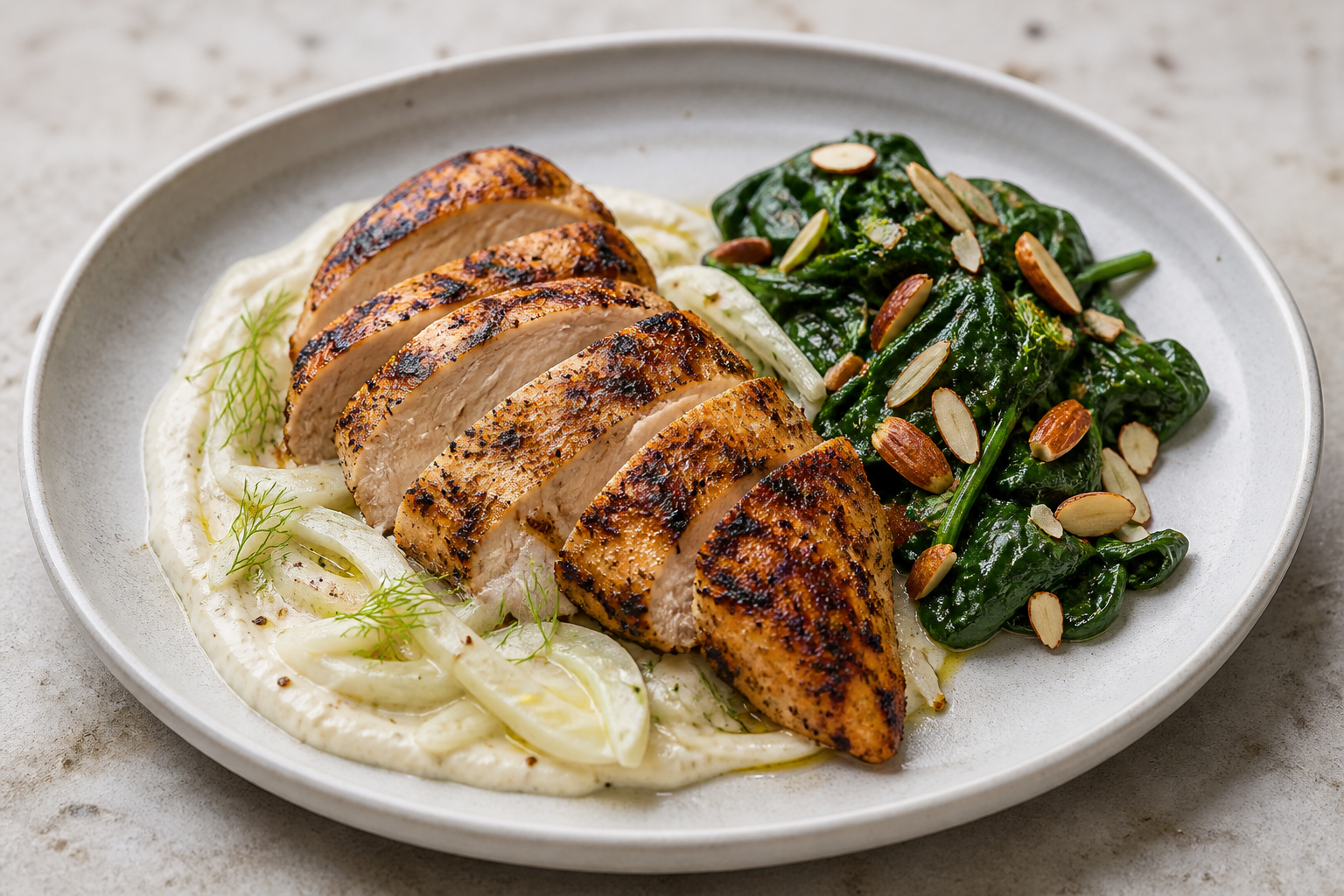 Charred Lemon Chicken with Fennel Cream and Sautéed Spinach with Almonds