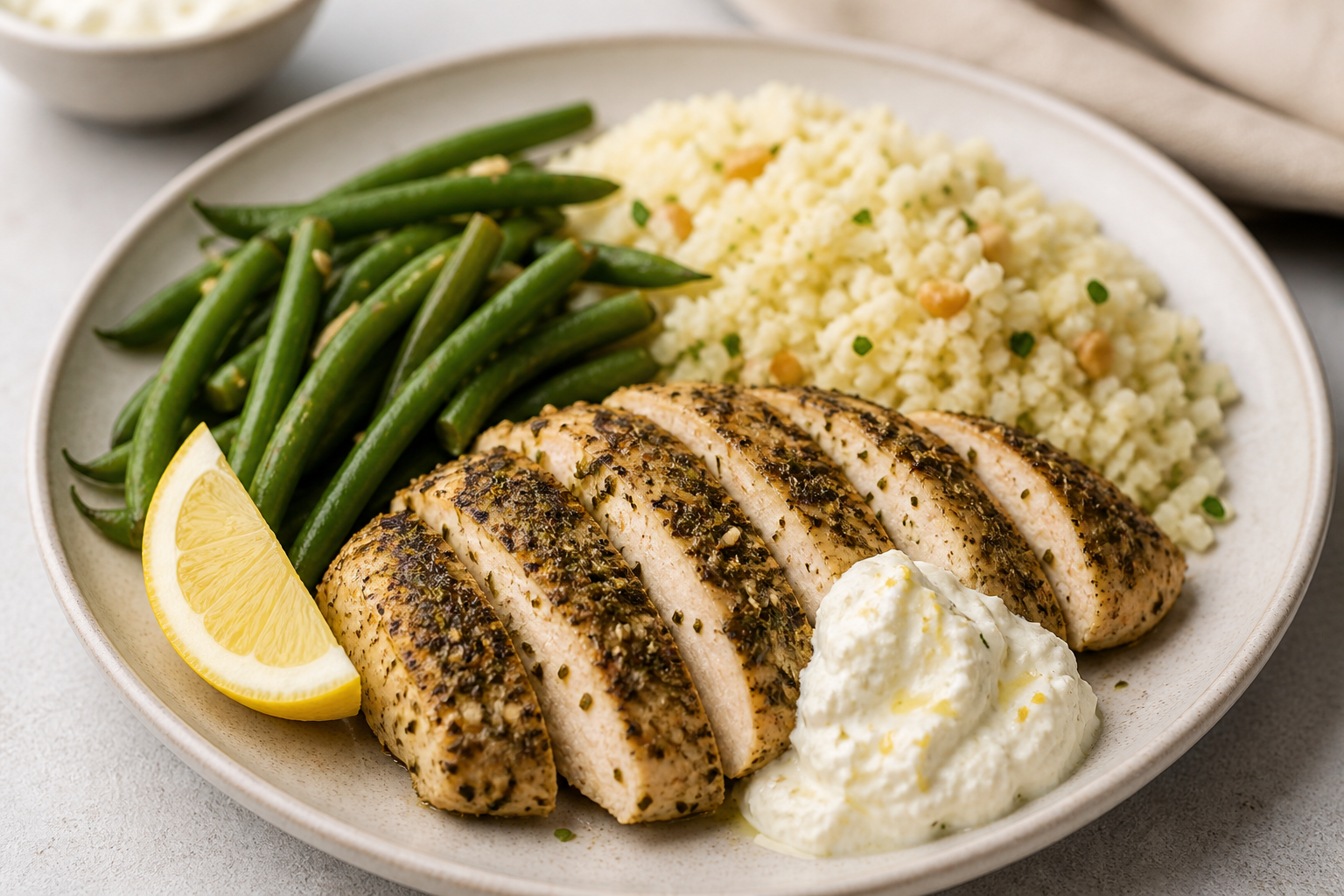 Pavo al zaatar con pilaf de coliflor, judías verdes y crema de feta con limón