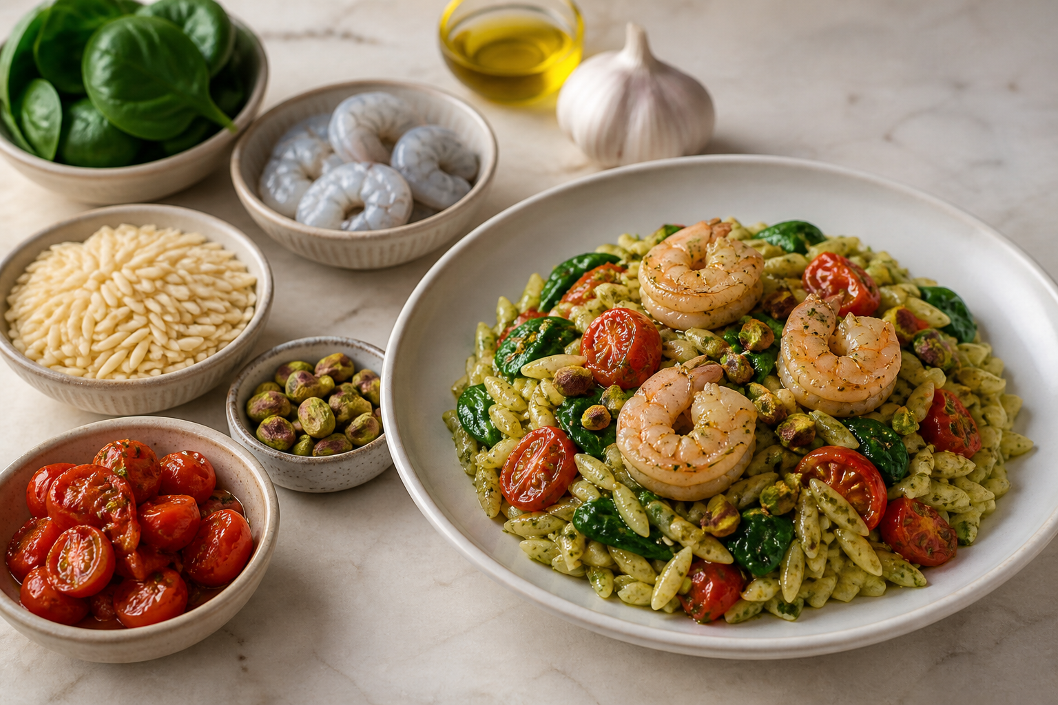 Orzo exprés al pesto de espinaca y pistacho con langostinos al ajo y tomates salteados