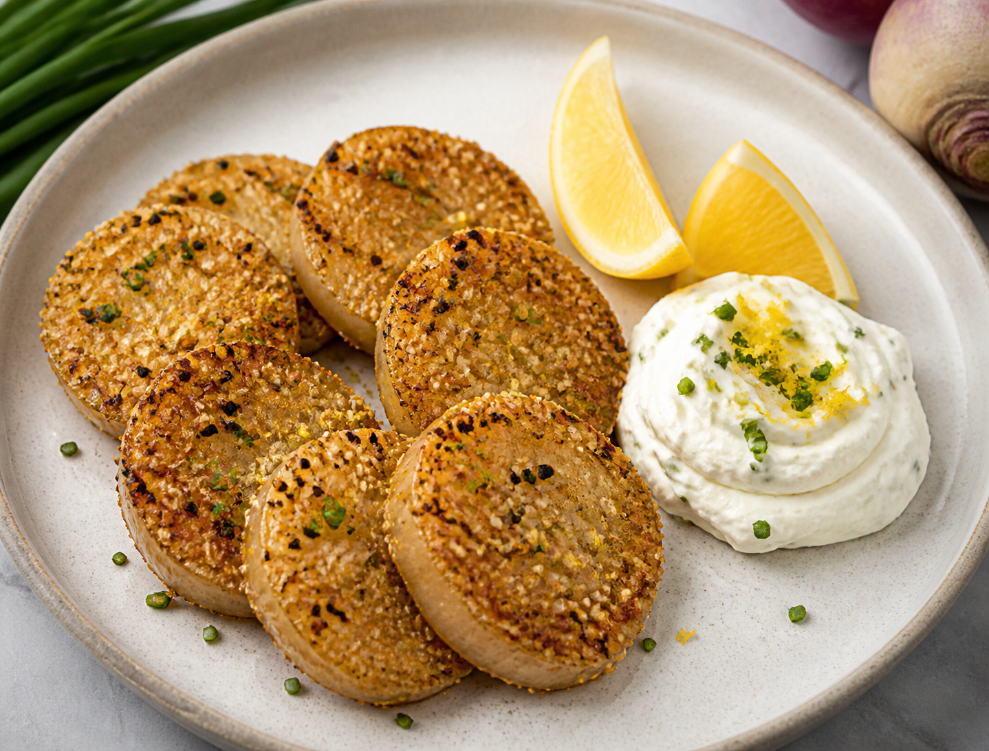Air Fryer Turnip Moons with Parmesan-Sesame Crust and Lemon Chive Ricotta