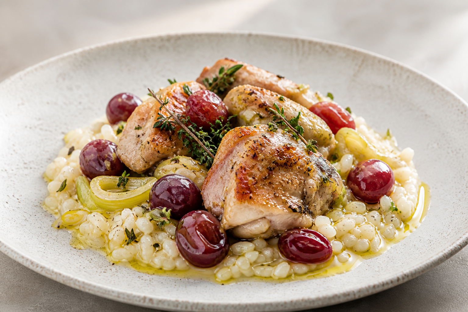 Instant Pot de pollo con uvas asadas, puerro, arroz cremoso y tomillo limón