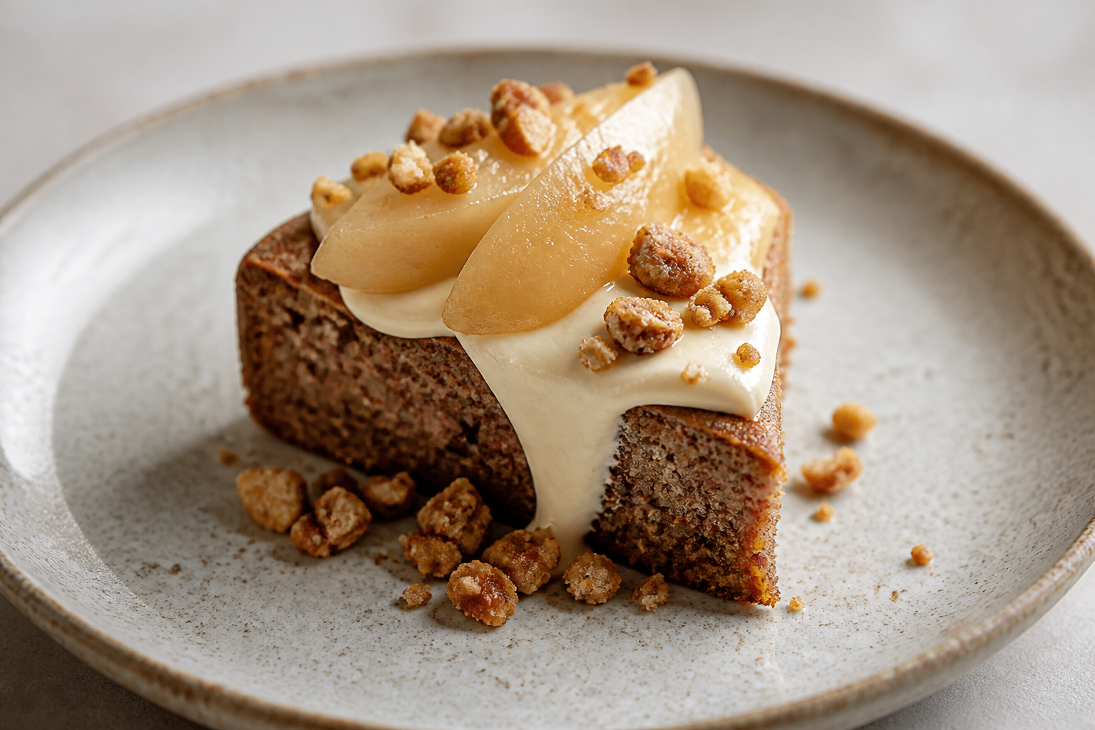 Warm buckwheat torte with white cocoa cream and anise pears with walnut crunch