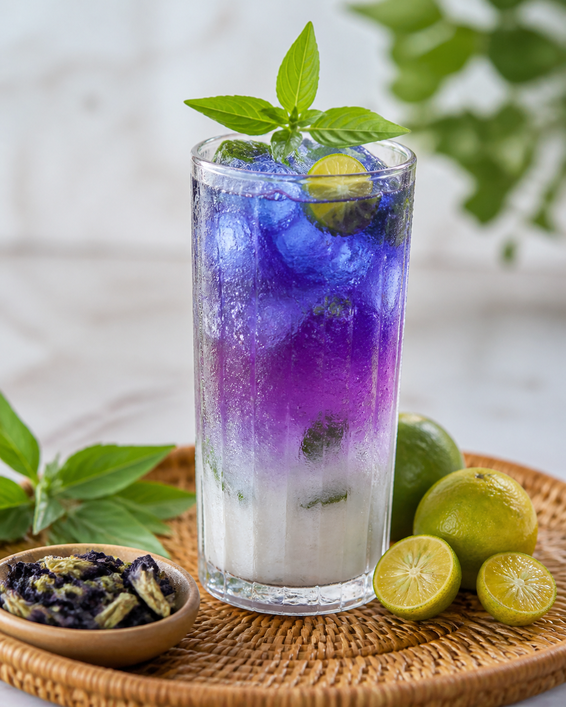 Creamy Coconut, Calamansi and Butterfly Pea Tea Soda with Lemon Basil