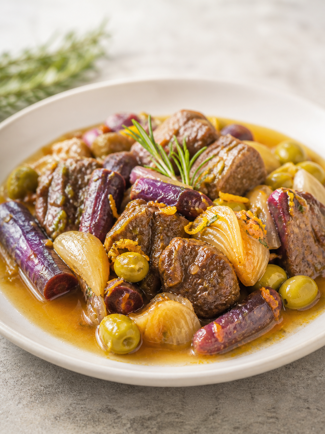 Ternera en slow cooker con hinojo, zanahoria morada y salsa suave de naranja, aceituna verde y romero