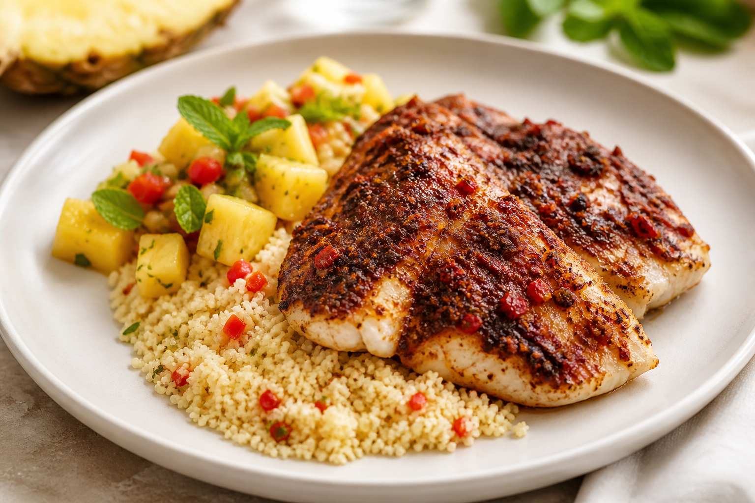 Caribbean Baked Snapper with Cocoa and Sweet Pepper Crust over Cassava Couscous and Pineapple Mint Salad