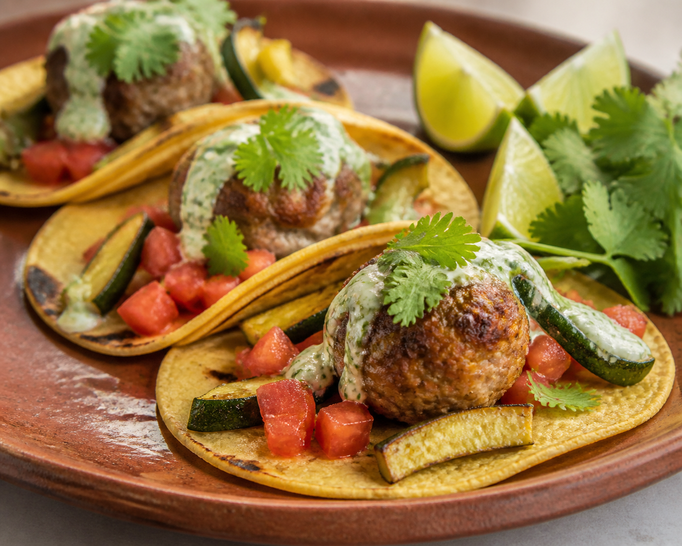 Tacos de albóndigas de pavo al chile guajillo con calabacitas al comal y crema ligera de cilantro