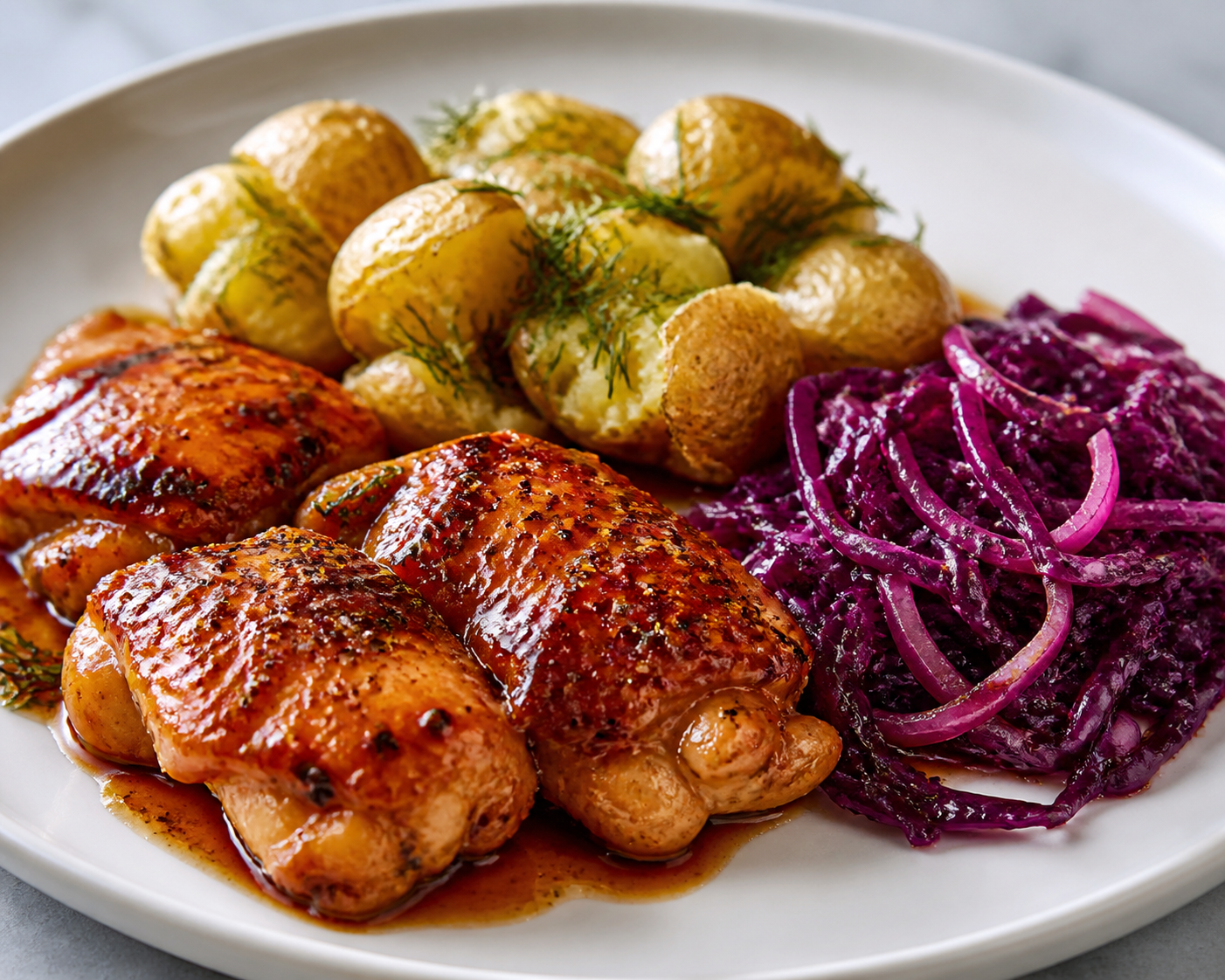 Pollo crujiente con glaseado de root beer y mostaza, smash de papas al eneldo y ensalada tibia de repollo morado
