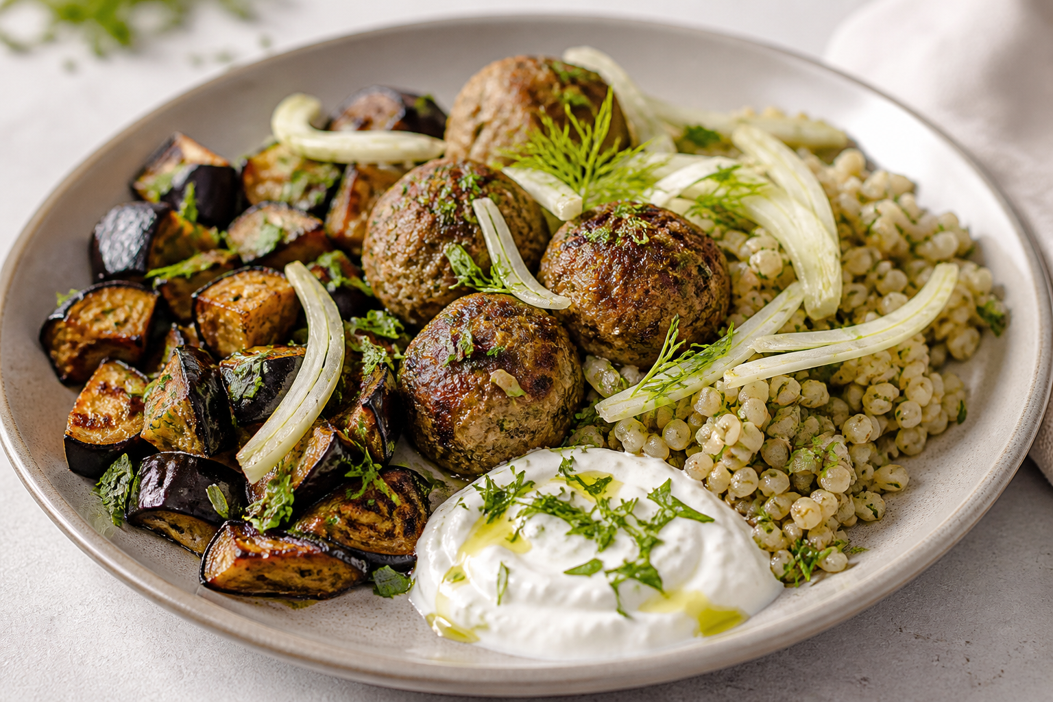 Mediterranean Traybake of Fennel Lamb Meatballs with Roasted Eggplant, Tahini Yogurt, and Herbed Barley