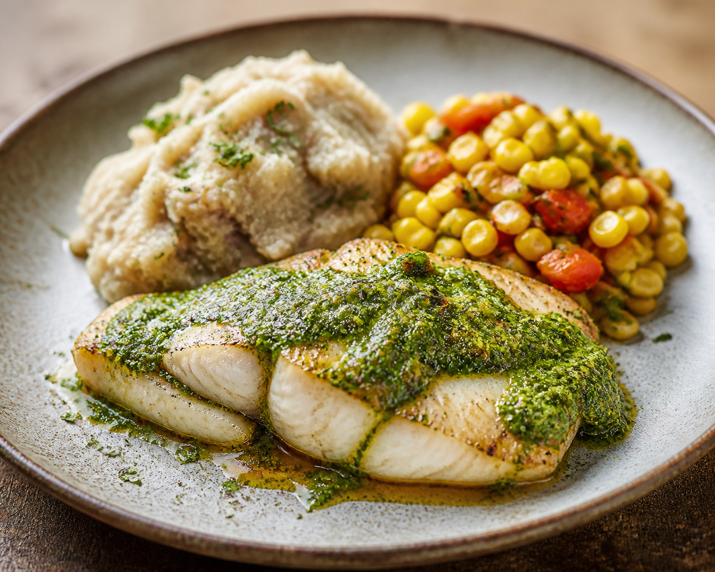 Pescado al recado verde con puré rústico de malanga y ensalada tibia de maíz tostado