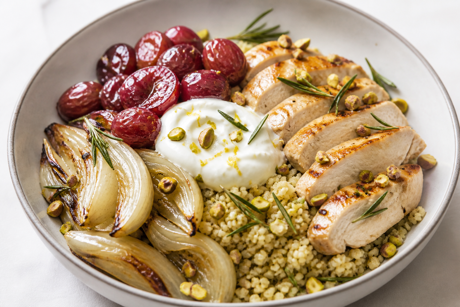 Bowl tibio de pollo al romero y uva asada con cuscús de pistacho, hinojo dorado y crema ligera de yogur al limón