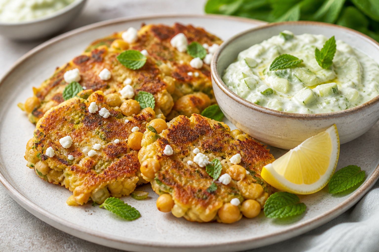 Crispy chickpea, leek and goat cheese fans with cucumber, lemon and mint dip
