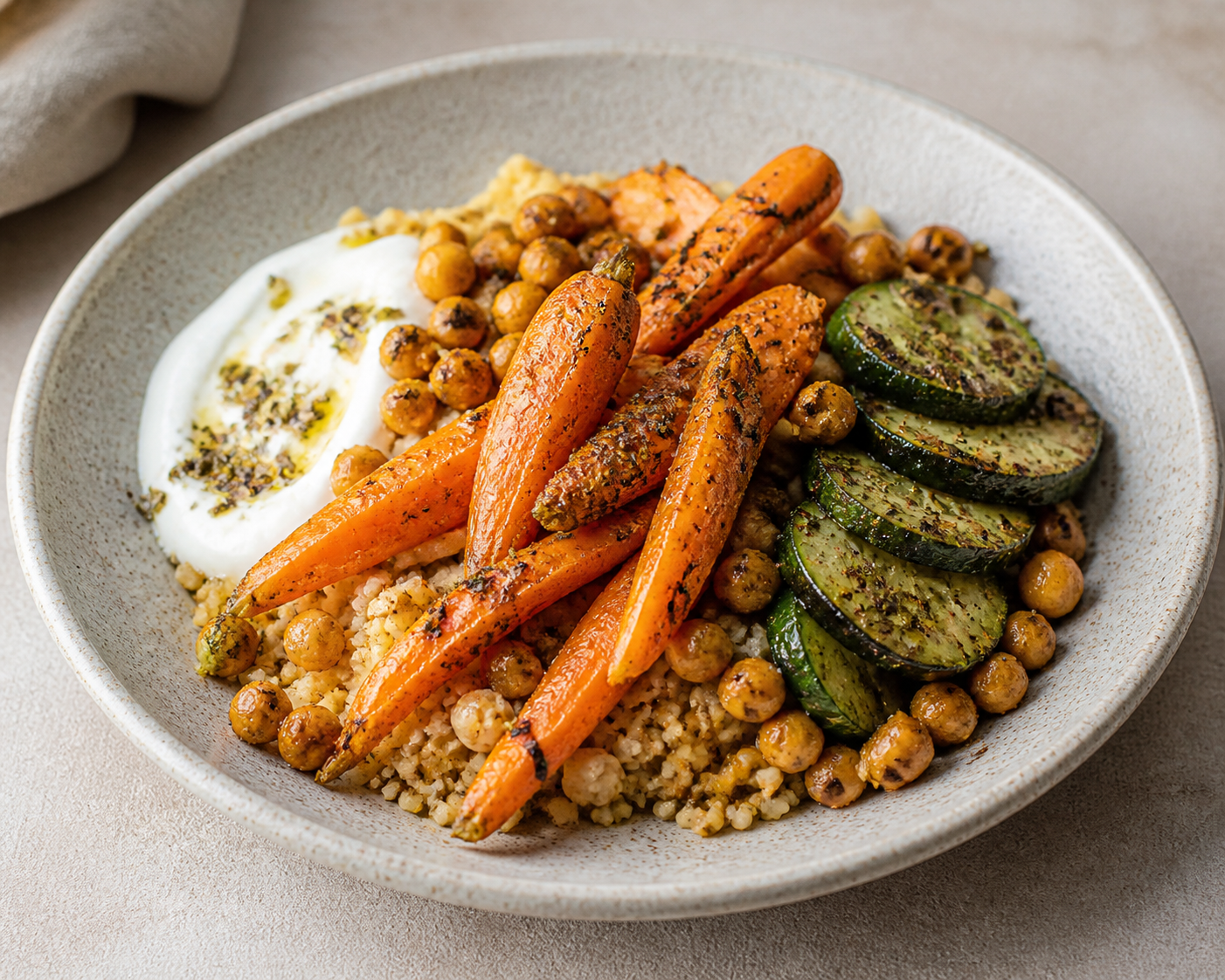 Ensalada tibia de bulgur con zanahorias asadas al zaatar, pepino marcado, garbanzos crujientes y yogur de limón