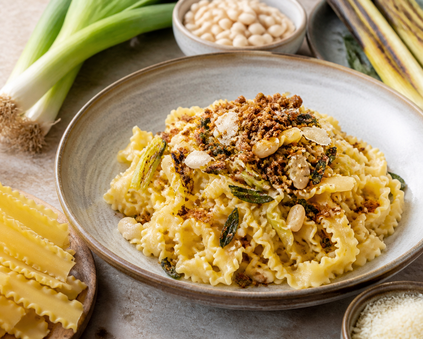 Creamy mafaldine with charred leek, white beans and lemon with rye-sage pangrattato