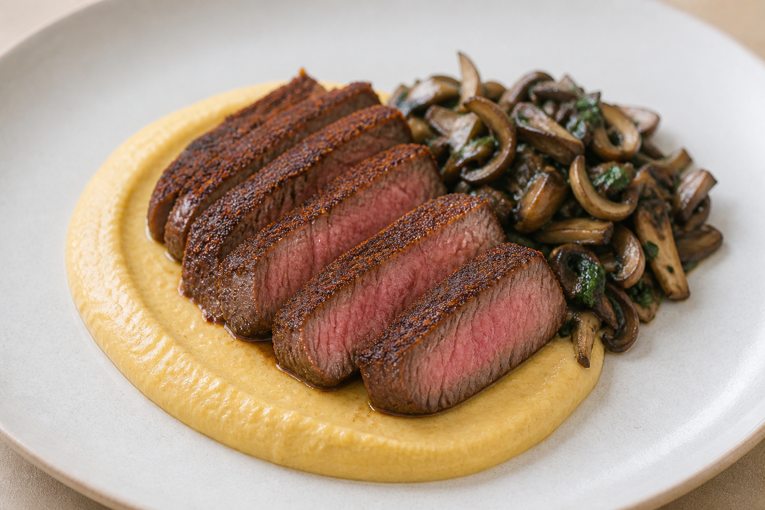 Bistec de Res con Costra de Cacao y Chile Guajillo, Puré de Elote Rostizado y Champiñones al Epazote