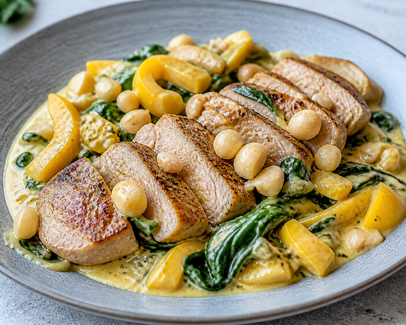 Keto Pork Skillet with Yellow Pepper Cream, Spinach, and Macadamia Nuts